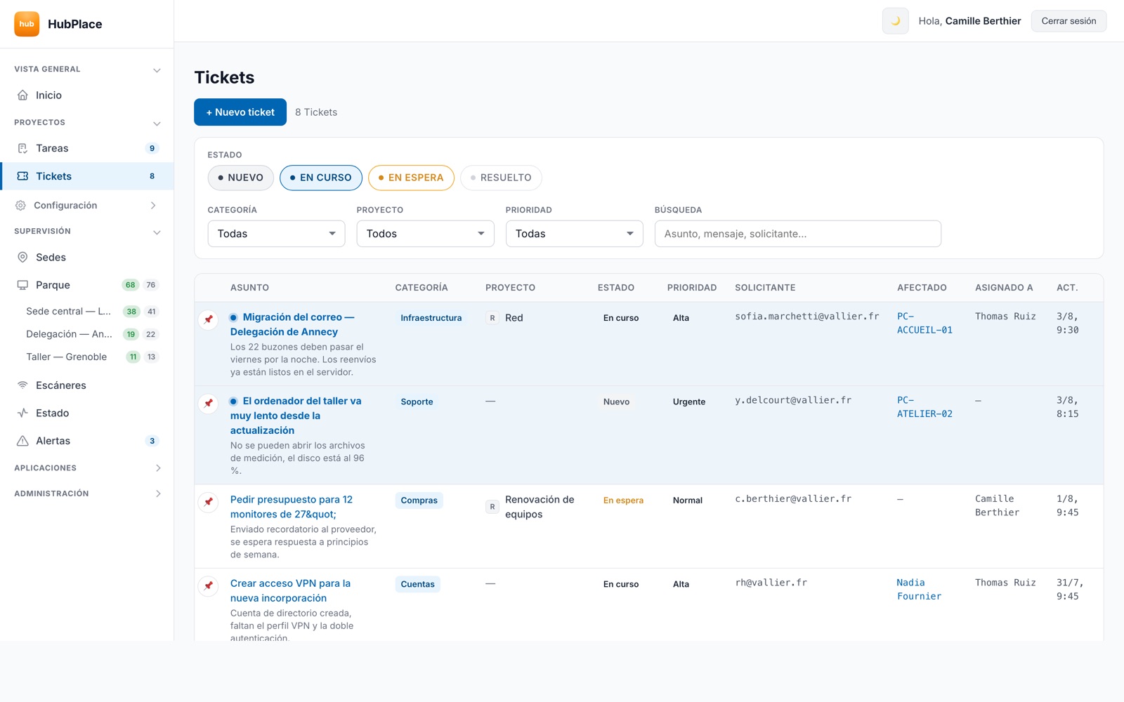 Lista de peticiones en HubPlace, cada una con la persona afectada y el ordenador implicado.