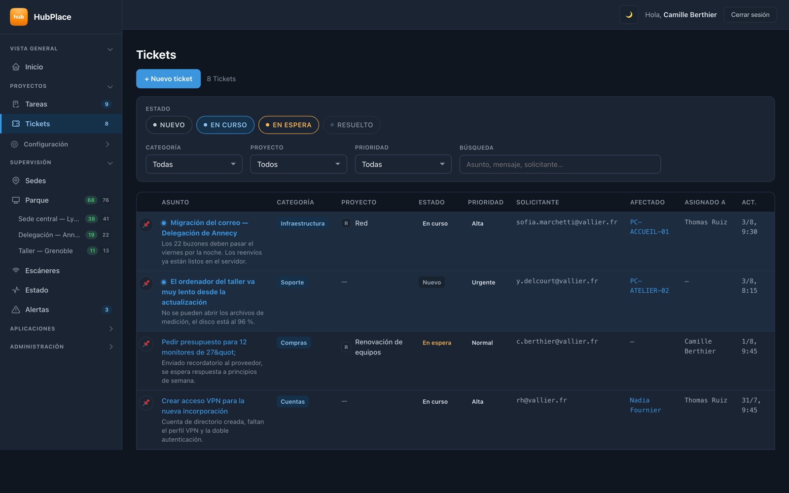 Lista de peticiones en HubPlace, cada una con la persona afectada y el ordenador implicado.