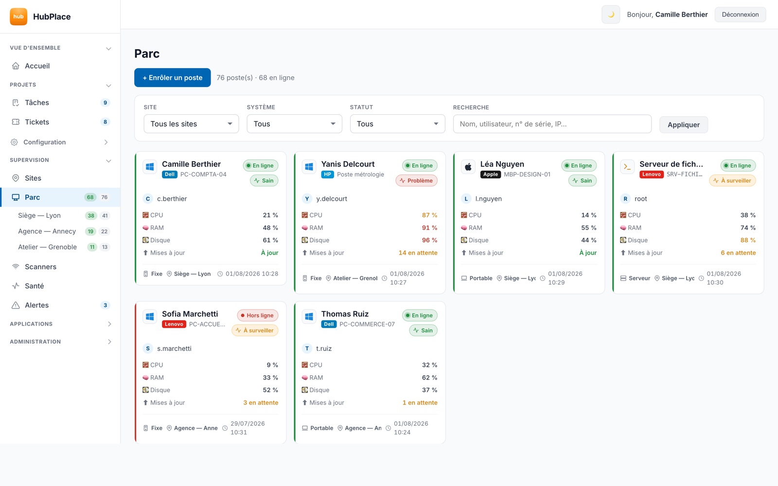 Zobrazení Park v HubPlace: mřížka karet stanic Windows, macOS a Linux se stavem online, zdravím a hodnotami procesoru, paměti a disku.