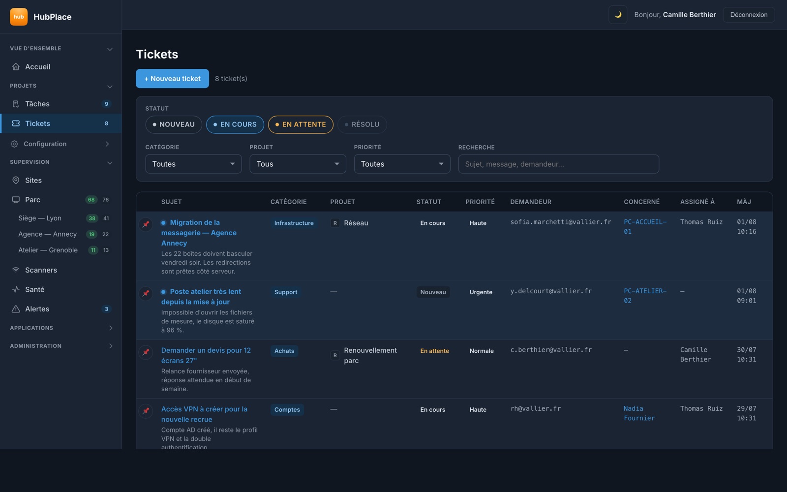 Seznam tiketů v HubPlace v tmavém motivu, s filtry podle stavu, kategorie a priority a dotčenou stanicí na každém řádku.